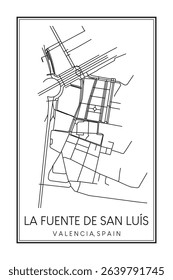 Hand drawn printable downtown road map poster of district LA FUENTE DE SAN LUÍS of the Spanish city of VALENCIA on solid white background with city name