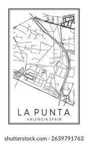 Hand drawn printable downtown road map poster of district LA PUNTA of the Spanish city of VALENCIA on solid white background with city name