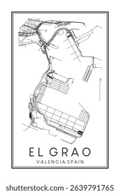 Hand drawn printable downtown road map poster of district EL GRAO of the Spanish city of VALENCIA on solid white background with city name