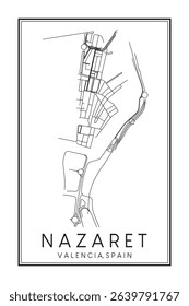 Hand drawn printable downtown road map poster of district NAZARET of the Spanish city of VALENCIA on solid white background with city name