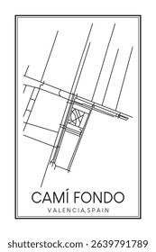 Hand drawn printable downtown road map poster of district CAMÍ FONDO of the Spanish city of VALENCIA on solid white background with city name