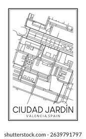 Hand drawn printable downtown road map poster of district CIUDAD JARDÍN of the Spanish city of VALENCIA on solid white background with city name