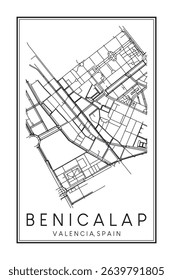 Hand drawn printable downtown road map poster of district BENICALAP of the Spanish city of VALENCIA on solid white background with city name