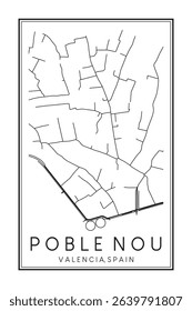 Hand drawn printable downtown road map poster of district POBLE NOU of the Spanish city of VALENCIA on solid white background with city name