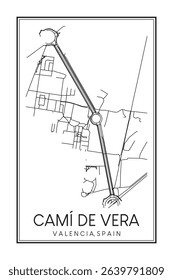 Hand drawn printable downtown road map poster of district CAMÍ DE VERA of the Spanish city of VALENCIA on solid white background with city name