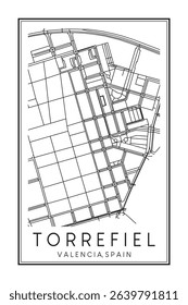 Hand drawn printable downtown road map poster of district TORREFIEL of the Spanish city of VALENCIA on solid white background with city name