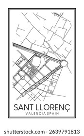 Hand drawn printable downtown road map poster of district SANT LLORENÇ of the Spanish city of VALENCIA on solid white background with city name