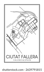 Hand drawn printable downtown road map poster of district CIUTAT FALLERA of the Spanish city of VALENCIA on solid white background with city name