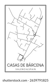 Hand drawn printable downtown road map poster of district CASAS DE BÁRCENA of the Spanish city of VALENCIA on solid white background with city name