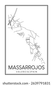 Hand drawn printable downtown road map poster of district MASSARROJOS of the Spanish city of VALENCIA on solid white background with city name