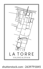 Hand drawn printable downtown road map poster of district LA TORRE of the Spanish city of VALENCIA on solid white background with city name