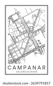 Hand drawn printable downtown road map poster of district CAMPANAR of the Spanish city of VALENCIA on solid white background with city name