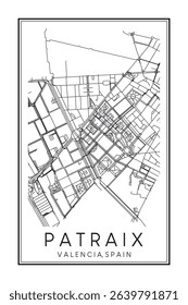 Hand drawn printable downtown road map poster of district PATRAIX of the Spanish city of VALENCIA on solid white background with city name