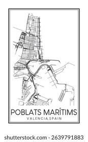 Hand drawn printable downtown road map poster of district POBLATS MARÍTIMS of the Spanish city of VALENCIA on solid white background with city name
