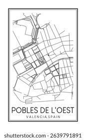 Hand drawn printable downtown road map poster of district POBLES DE L'OEST of the Spanish city of VALENCIA on solid white background with city name