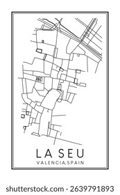 Hand drawn printable downtown road map poster of district LA SEU of the Spanish city of VALENCIA on solid white background with city name