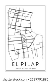 Hand drawn printable downtown road map poster of district EL PILAR of the Spanish city of VALENCIA on solid white background with city name
