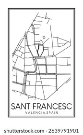 Hand drawn printable downtown road map poster of district SANT FRANCESC of the Spanish city of VALENCIA on solid white background with city name