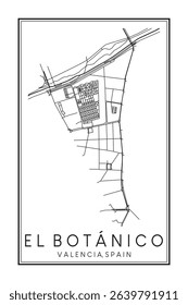 Hand drawn printable downtown road map poster of district EL BOTÁNICO of the Spanish city of VALENCIA on solid white background with city name