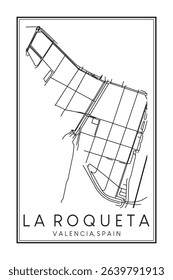 Hand drawn printable downtown road map poster of district LA ROQUETA of the Spanish city of VALENCIA on solid white background with city name