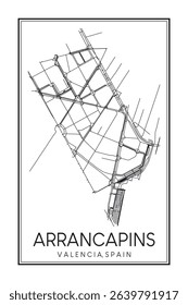 Hand drawn printable downtown road map poster of district ARRANCAPINS of the Spanish city of VALENCIA on solid white background with city name