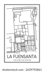Hand drawn printable downtown road map poster of district LA FUENSANTA of the Spanish city of VALENCIA on solid white background with city name
