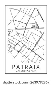 Hand drawn printable downtown road map poster of district PATRAIX of the Spanish city of VALENCIA on solid white background with city name