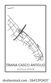 Hand drawn printable downtown road map poster of district TRIANA CASCO ANTIGUO of the Spanish city of SEVILLE on solid white background with city name