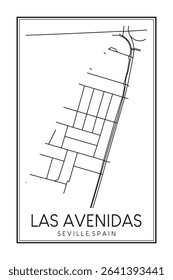Hand drawn printable downtown road map poster of district LAS AVENIDAS of the Spanish city of SEVILLE on solid white background with city name