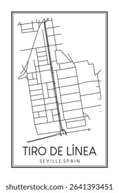 Hand drawn printable downtown road map poster of district TIRO DE LÍNEA of the Spanish city of SEVILLE on solid white background with city name