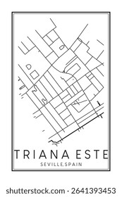 Hand drawn printable downtown road map poster of district TRIANA ESTE of the Spanish city of SEVILLE on solid white background with city name
