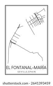 Hand drawn printable downtown road map poster of district EL FONTANAL-MARÍA of the Spanish city of SEVILLE on solid white background with city name