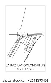 Hand drawn printable downtown road map poster of district LA PAZ-LAS GOLONDRINAS of the Spanish city of SEVILLE on solid white background with city name