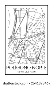 Hand drawn printable downtown road map poster of district POLÍGONO NORTE of the Spanish city of SEVILLE on solid white background with city name
