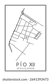 Hand drawn printable downtown road map poster of district PÍO XII of the Spanish city of SEVILLE on solid white background with city name
