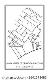 Hand drawn printable downtown road map poster of district SANTA MARÍA DE ORDAS-SAN NICOLÁS of the Spanish city of SEVILLE on solid white background with city name