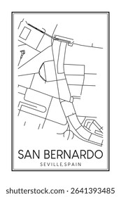 Hand drawn printable downtown road map poster of district SAN BERNARDO of the Spanish city of SEVILLE on solid white background with city name
