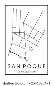 Hand drawn printable downtown road map poster of district SAN ROQUE of the Spanish city of SEVILLE on solid white background with city name