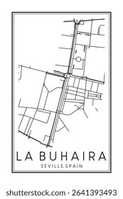 Hand drawn printable downtown road map poster of district LA BUHAIRA of the Spanish city of SEVILLE on solid white background with city name