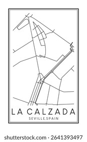 Hand drawn printable downtown road map poster of district LA CALZADA of the Spanish city of SEVILLE on solid white background with city name