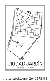 Hand drawn printable downtown road map poster of district CIUDAD JARDÍN of the Spanish city of SEVILLE on solid white background with city name