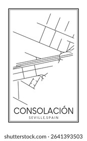 Hand drawn printable downtown road map poster of district CONSOLACIÓN of the Spanish city of SEVILLE on solid white background with city name