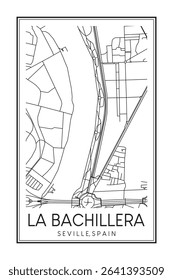 Hand drawn printable downtown road map poster of district LA BACHILLERA of the Spanish city of SEVILLE on solid white background with city name