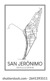 Hand drawn printable downtown road map poster of district SAN JERÓNIMO of the Spanish city of SEVILLE on solid white background with city name