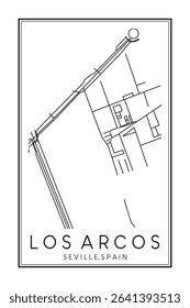 Hand drawn printable downtown road map poster of district LOS ARCOS of the Spanish city of SEVILLE on solid white background with city name