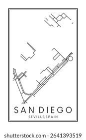 Hand drawn printable downtown road map poster of district SAN DIEGO of the Spanish city of SEVILLE on solid white background with city name