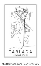 Hand drawn printable downtown road map poster of district TABLADA of the Spanish city of SEVILLE on solid white background with city name