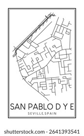 Hand drawn printable downtown road map poster of district SAN PABLO D Y E of the Spanish city of SEVILLE on solid white background with city name