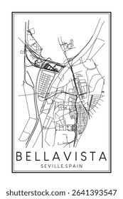 Hand drawn printable downtown road map poster of district BELLAVISTA of the Spanish city of SEVILLE on solid white background with city name