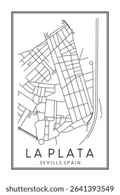 Hand drawn printable downtown road map poster of district LA PLATA of the Spanish city of SEVILLE on solid white background with city name